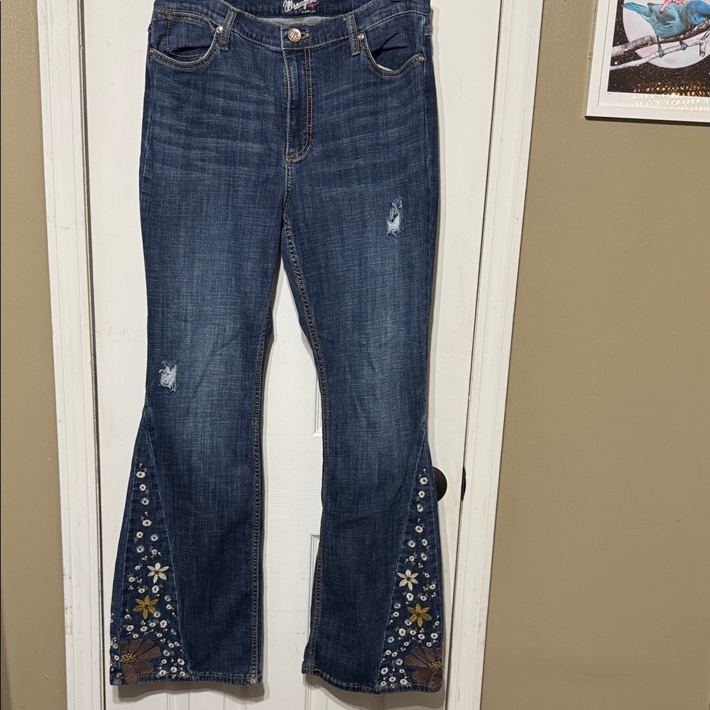 Wrangler Dark Blue Flare Jeans with Floral Embroidery  Size 13 34” L